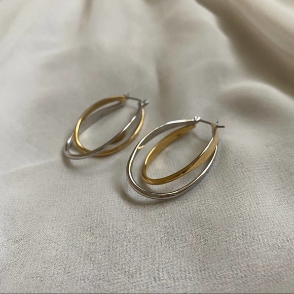 VTG Silver Gold Twist Oval Double Hoop Earrings - Picture 3 of 5